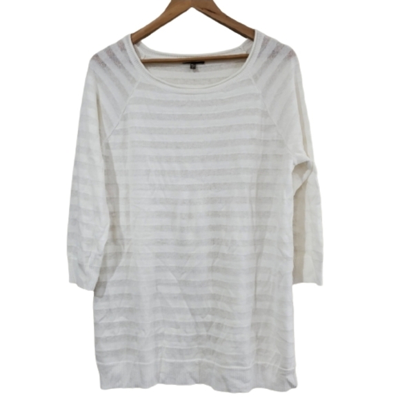 Lilla P 3/4 Sleeve White Striped Linen Blend Sheer Scoop Neck Sweater Size Large - Picture 1 of 10